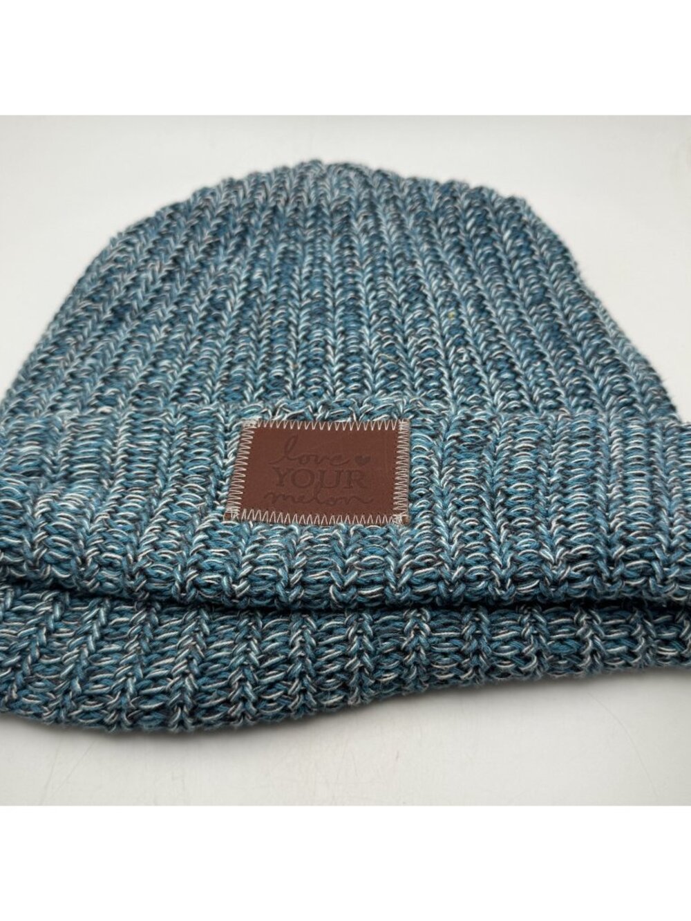 Love Your Melon Beanie Hat Teal Speckled 100% Cotton Made USA Cuffed Knit